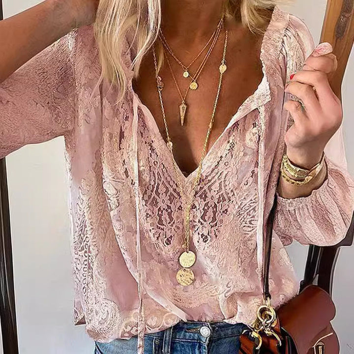 Damen Elegante und feminine Bluse mit V-Ausschnitt und Spitzenakzenten Drune