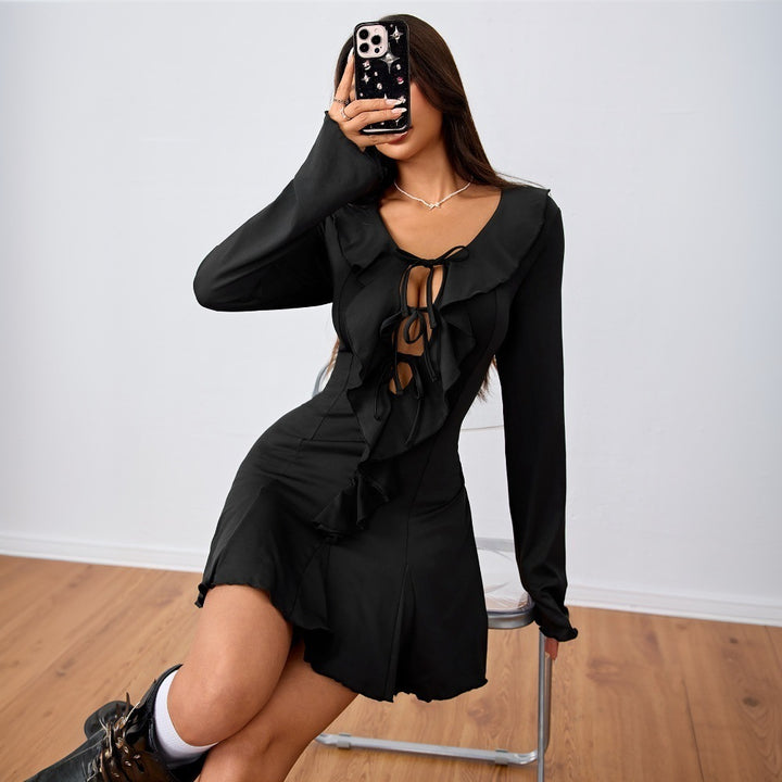 Damen Rüschendes Minikleid mit tiefem Ausschnitt und langem Arm Drune
