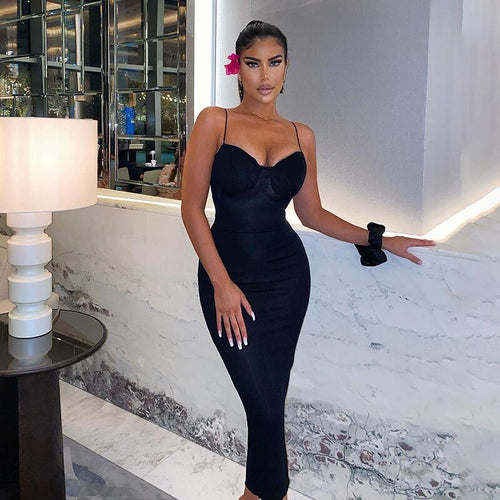 Damen figurbetontes Midi-Kleid mit Spaghettiträgern und Raffungen Drune