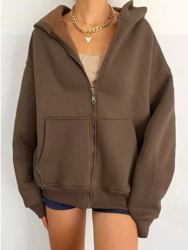 Damen nan minimalistisches French-Terry Zip-Hoodie mit durchgehendem Reißverschluss, Kängurutasche und Daumenloch-Ärmeln Drune