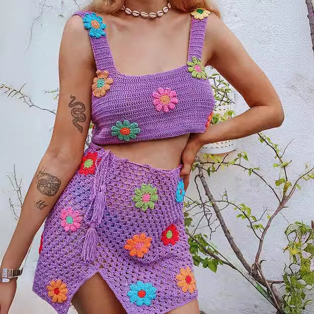 Damen Trendiges Häkel-Set mit floralem Design Drune