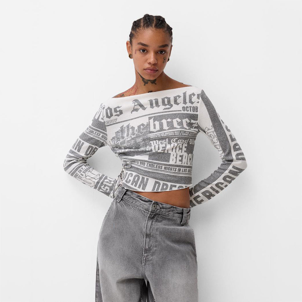 Damen Crop-Top mit kreativem Schriftdesign und weitem Schnitt Drune