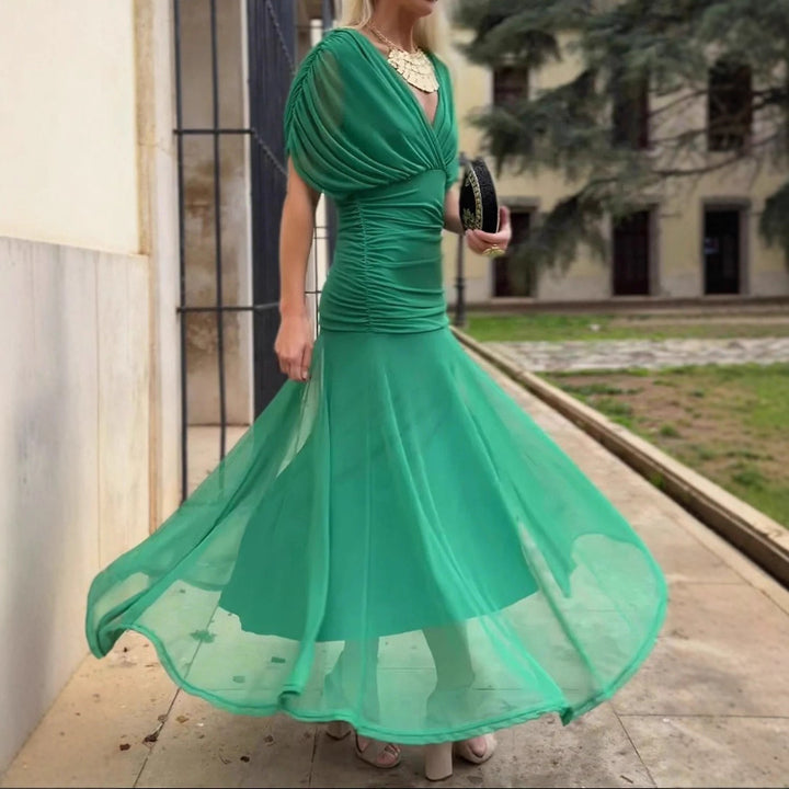 Damen nan fließendes Abendkleid mit transparentem Chiffon-Capelet, V-Ausschnitt und taillierter Drapierung Drune