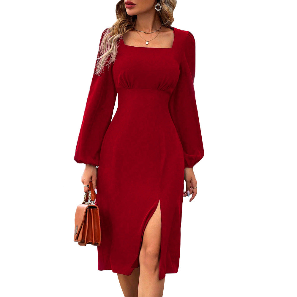Damen figurbetontes Midi-Kleid mit schickem Quadrat-Ausschnitt und eleganten Puffärmeln Drune