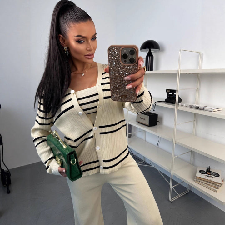 Damen Strick-Set mit eleganter Cardigan-Jacke und weitem Hosenbein Drune