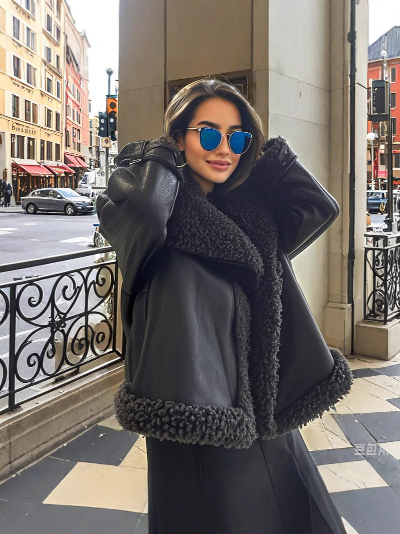 Damen Oversized Kunstlederjacke mit kuscheligem Futter Drune