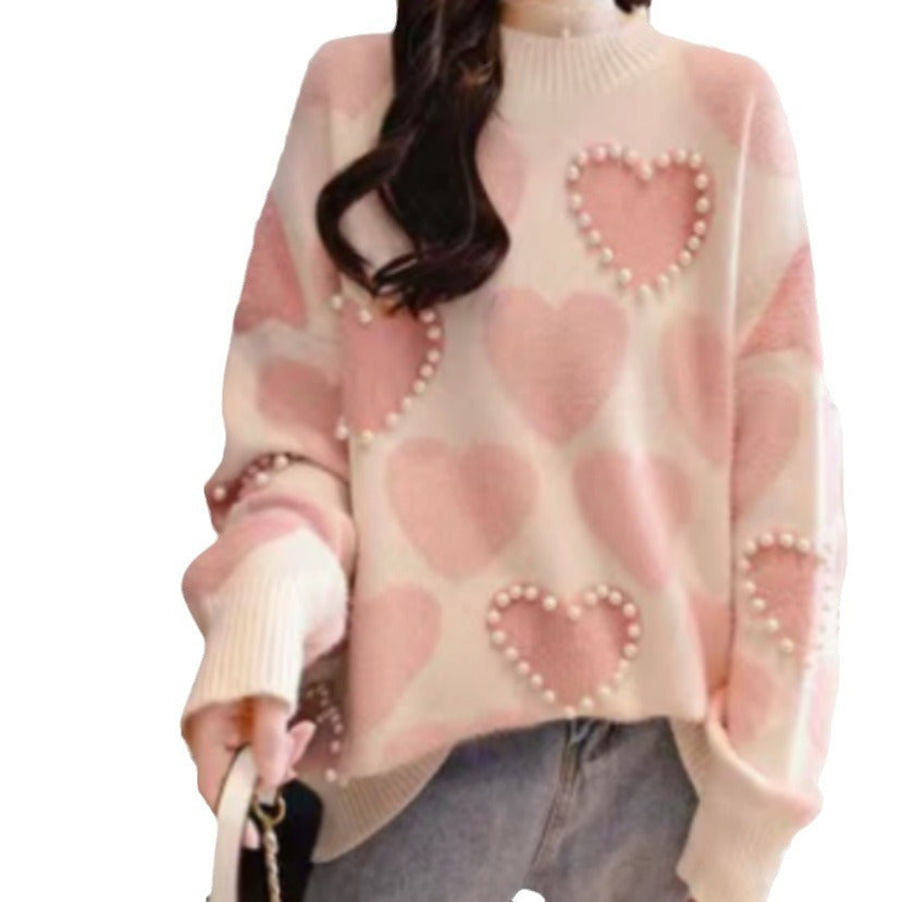 Damen Gemusterter Strickpullover mit Herz-Applikationen und Rippkragen Drune