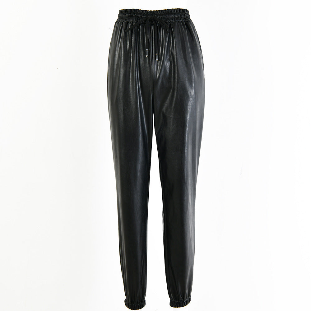 Damen elegante Kunstlederhose mit elastischem Bund und Kordelzug Drune