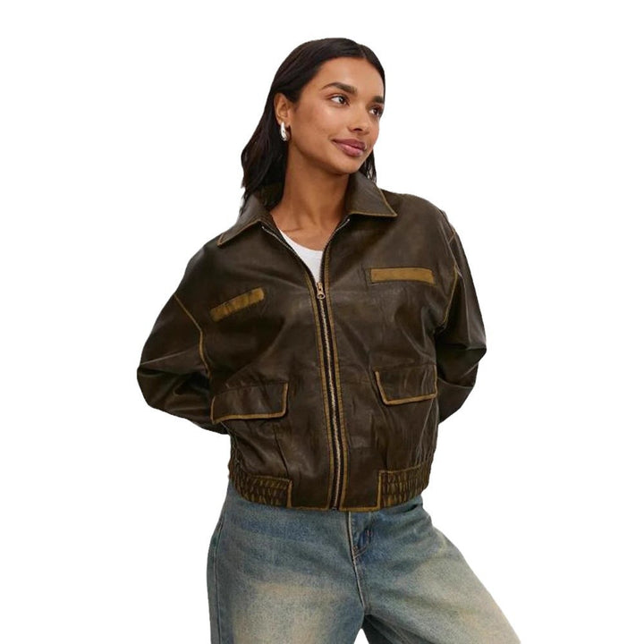 Damen modische Lederjacke mit praktischen Taschen und elastischem Saum Drune