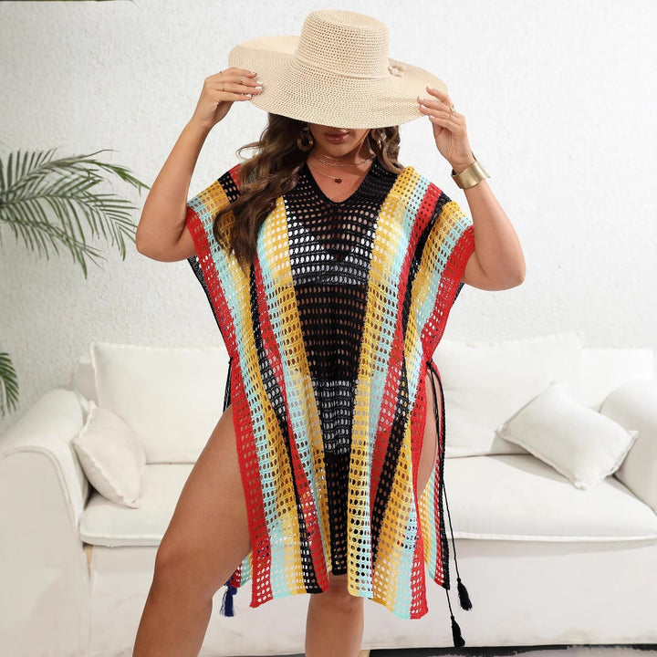 Damen luftiger Häkel-Strandponcho mit modischen Fransen Drune