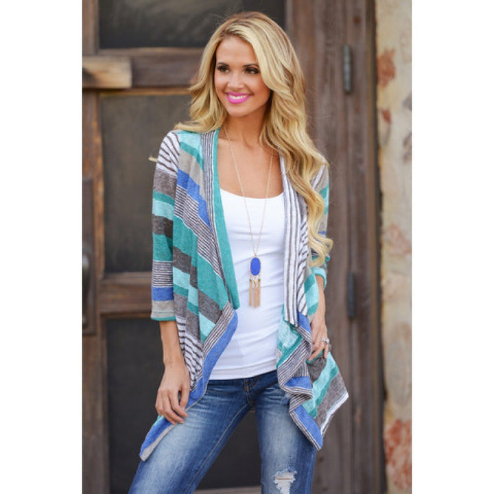Damen lässige Strickjacke mit modernem Streifenmuster und offenem Schnitt Drune