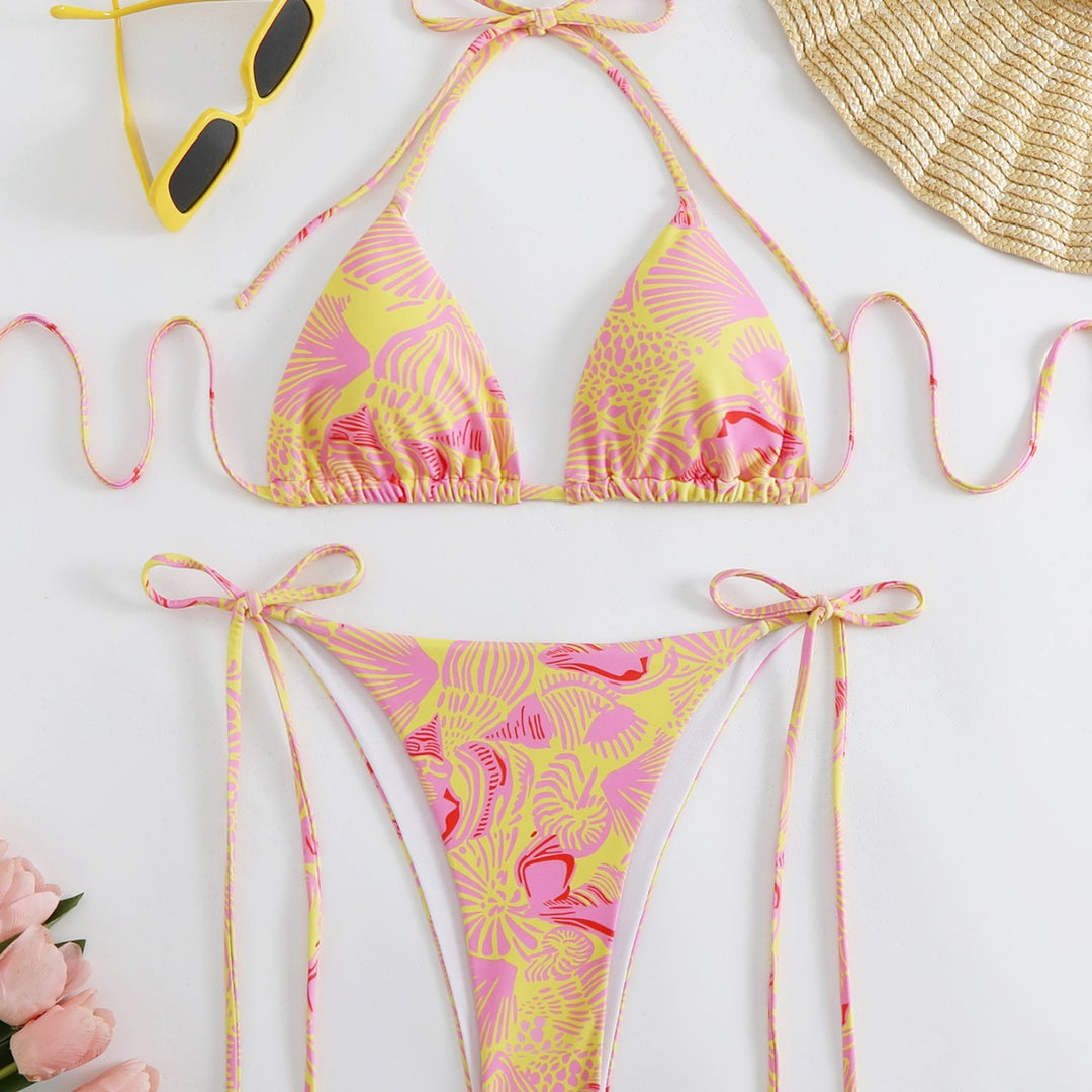 Damen Triangel-Bikini mit lebhaftem floralem Muster und verstellbaren Bindebändern Drune
