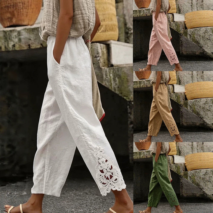 Damen elegante Leinenhose mit Spitzenapplikationen Drune