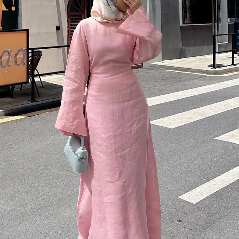Damen Maxikleid mit taillierbarem Gürtel und elegantem Kragen Drune