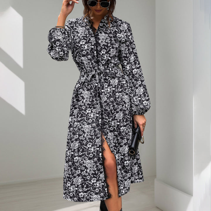 Damen langes Kleid mit floralen Mustern und eleganter Taillierung Drune