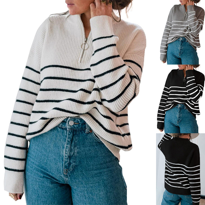 Damen gestreifter Pullover mit halbem Reißverschluss Drune