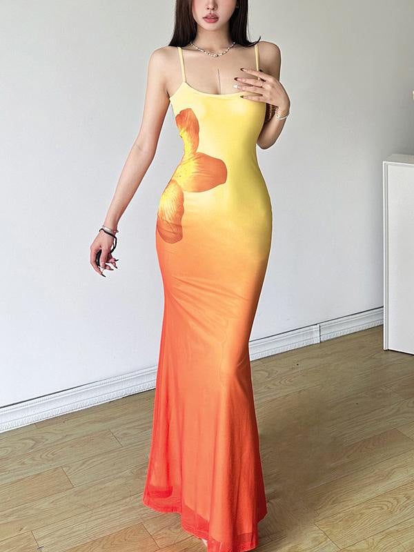 Damen figurbetontes Abendkleid mit Spaghettiträgern und Farbverlauf Drune