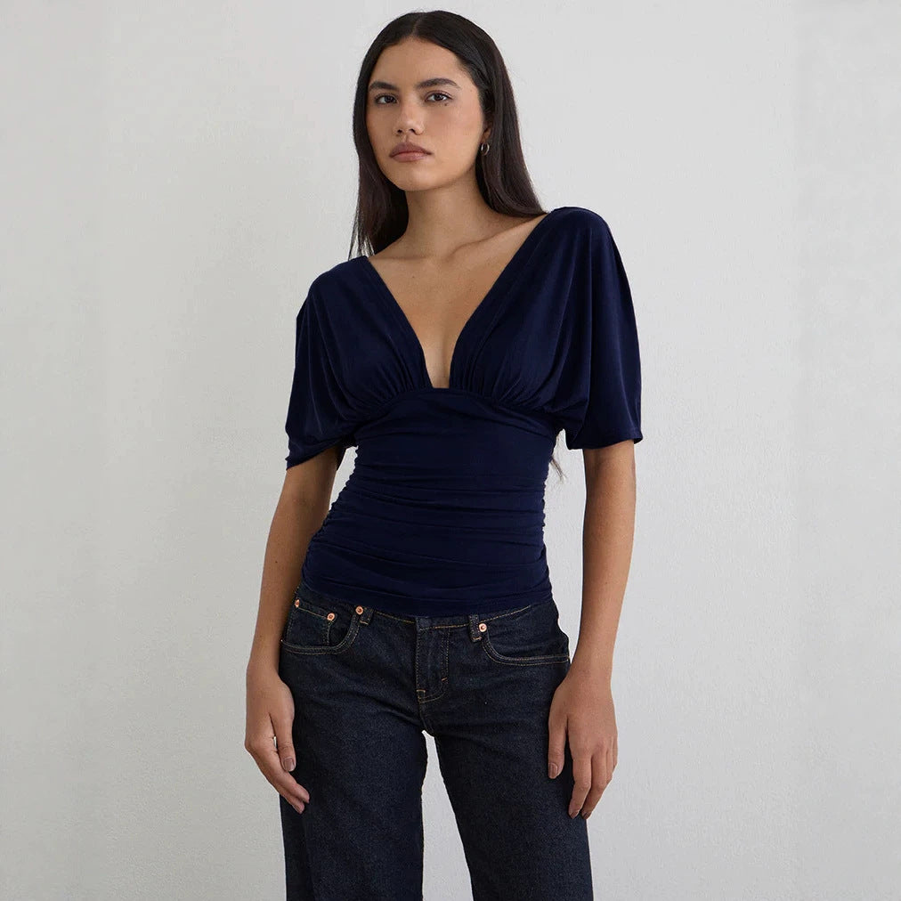 Damen Elegantes Oberteil mit tiefem V-Ausschnitt und lässigem Drapierungsdesign Drune