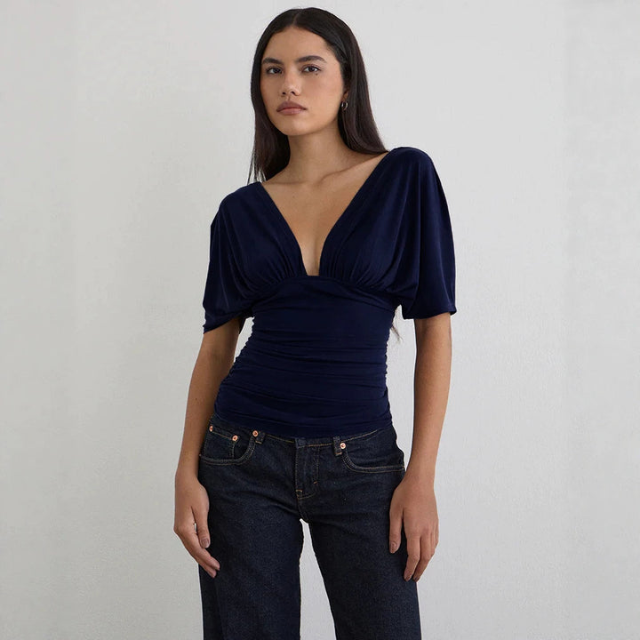 Damen Elegantes Oberteil mit tiefem V-Ausschnitt und lässigem Drapierungsdesign Drune