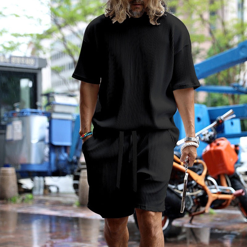 Herren nan lässiges Waffeljersey-Set mit weitem Oberteil und Tunnelzug-Shorts Drune