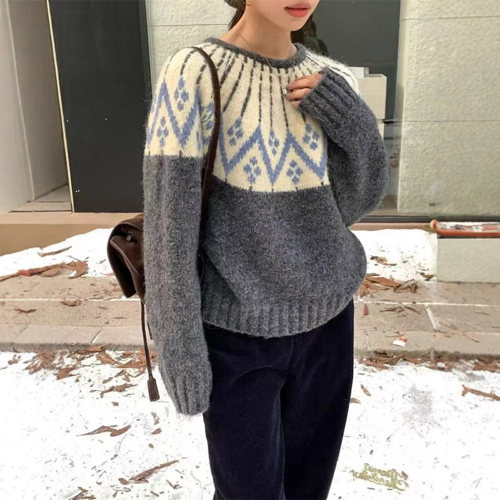 Damen Gemütlicher Strickpullover mit geometrischem Print und Rundhalsausschnitt Drune