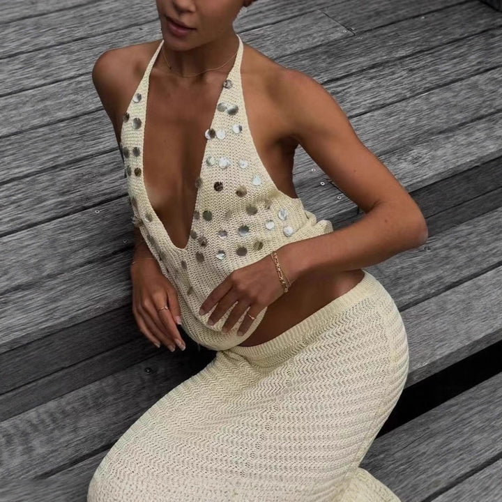 Damen Elegantes gehäkeltes Maxikleid mit funkelnden Akzenten Drune
