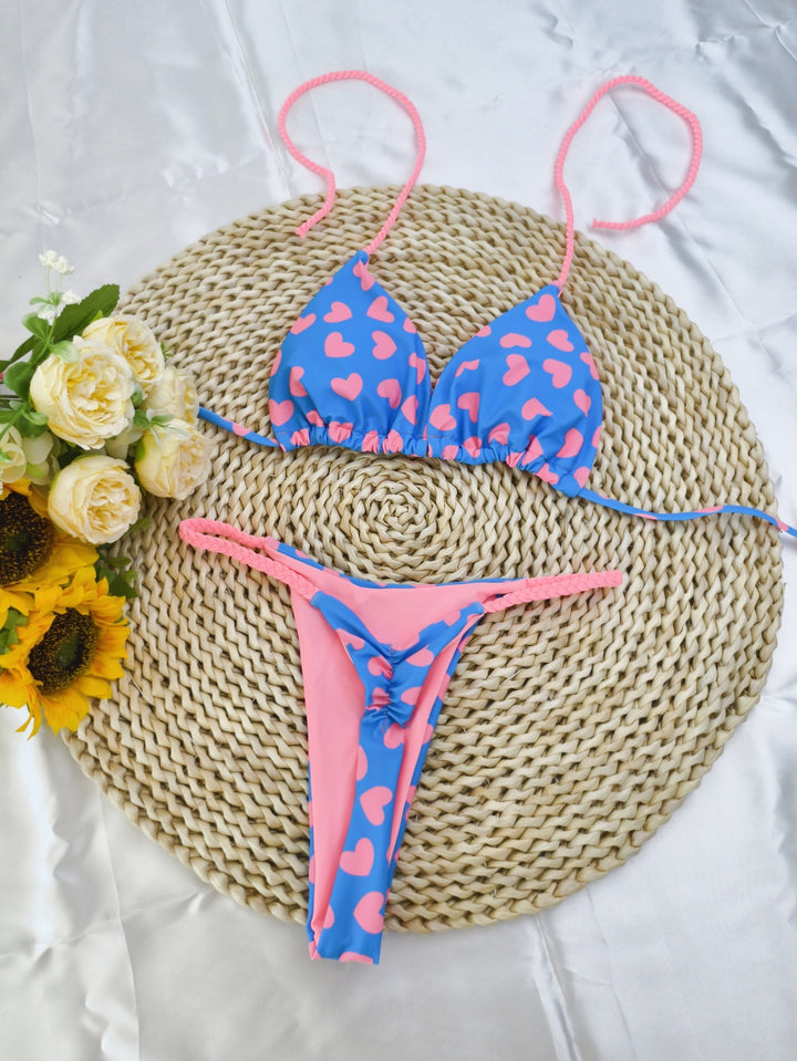Damen Triangel-Bikini-Set mit fröhlichem Kirschmuster und verstellbaren Trägern Drune