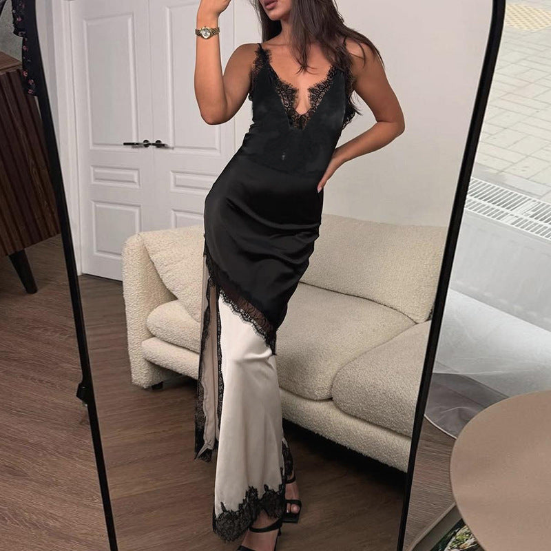 Damen elegantes Maxikleid mit Spitzenapplikationen und tiefem V-Ausschnitt Drune