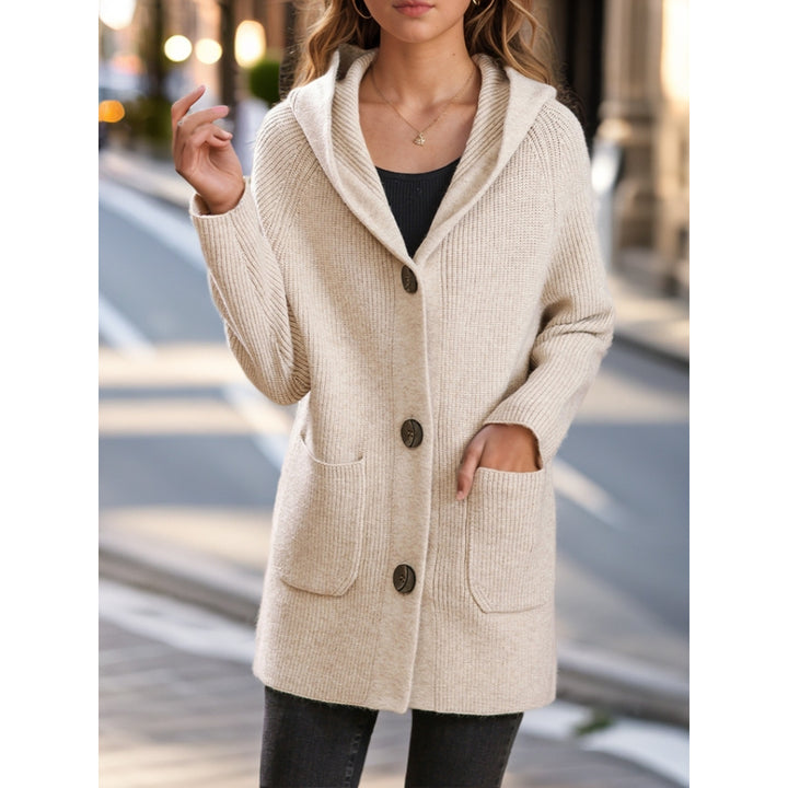 Damen nan lange gerippte Kapuzen-Strickjacke mit aufgesetzten Taschen und markanten Knöpfen Drune