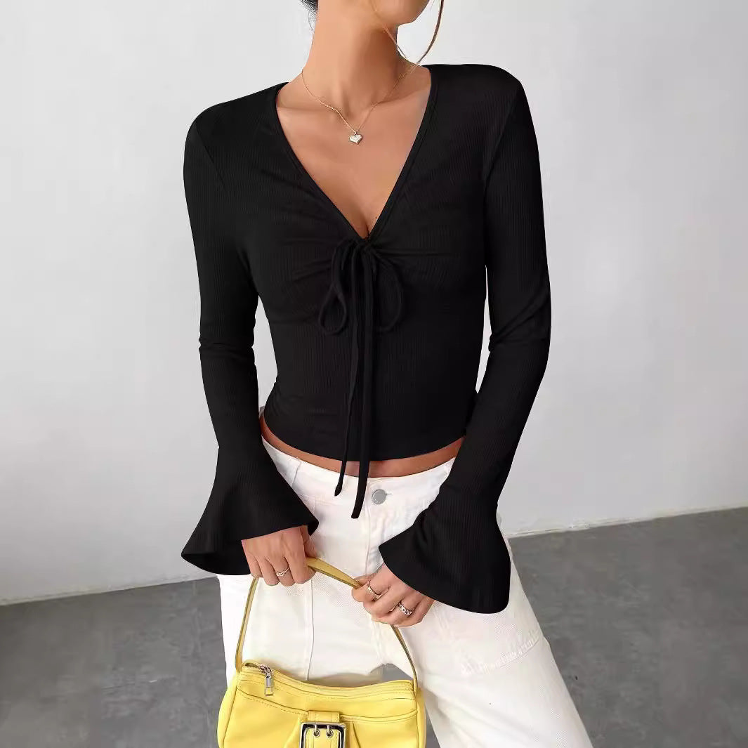 Damen Langarmshirt mit Krawatte und weiten Ärmeln Drune