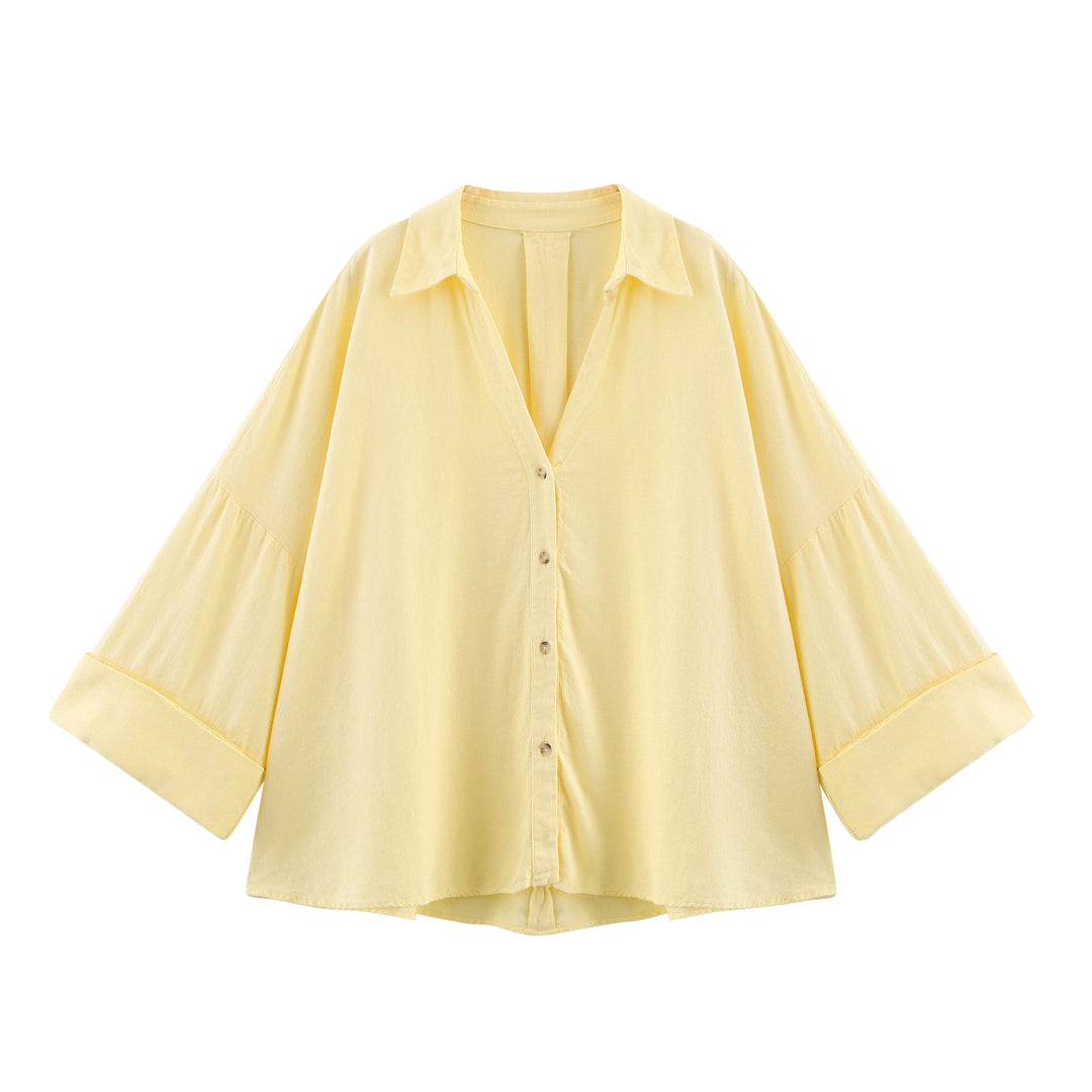 Damen nan oversized Streifen-Hemdbluse mit überschnittener Schulter, 3/4-Ärmel und verlängertem Rückensaum Drune