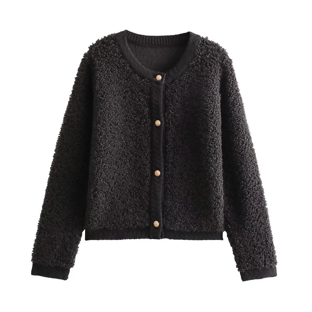 Damen kuschelige Fleecejacke mit dekorativen Holzknöpfen und eleganter Schnittführung Drune
