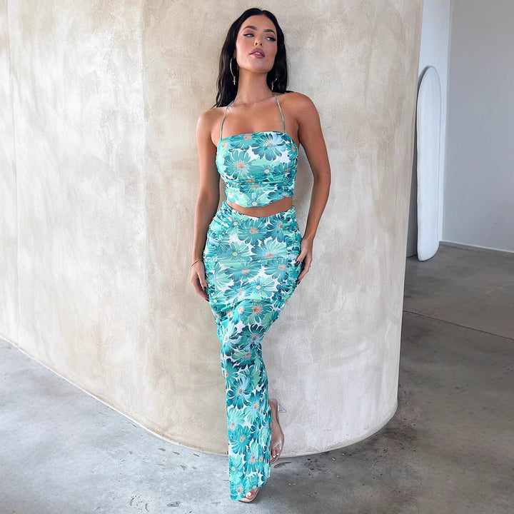 Damen Elegantes Crop-Top und Maxirock-Set mit floralem Design Drune