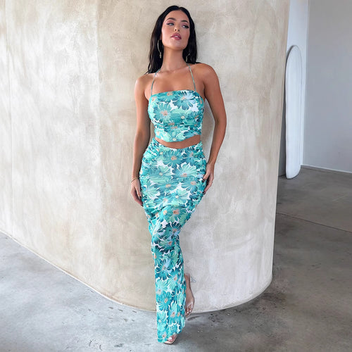 Damen Elegantes Crop-Top und Maxirock-Set mit floralem Design Drune