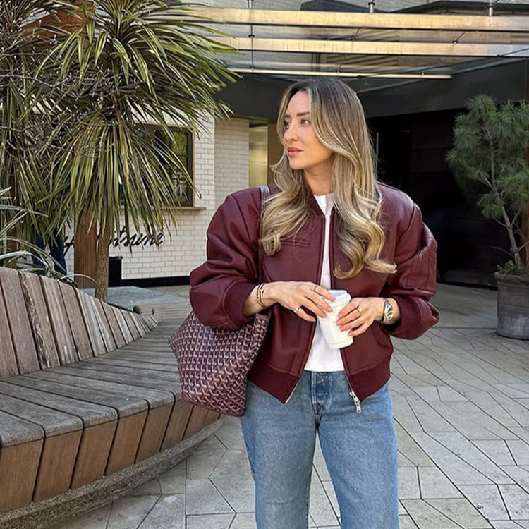 Damen Lässige Lederjacke mit voluminösen Ärmeln und Reißverschluss Drune