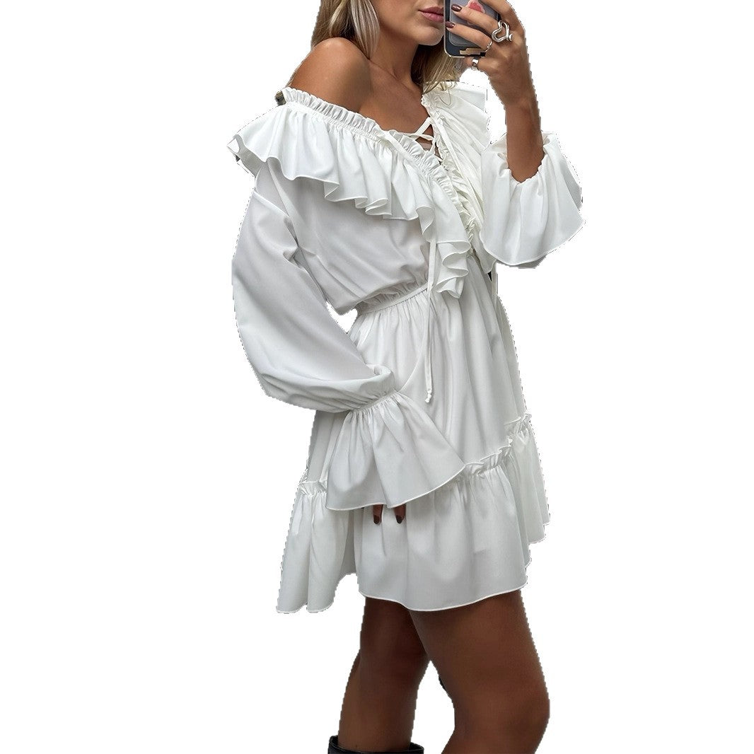 Damen lässiges Kleid mit Rüschendetails und tiefem V-Ausschnitt Drune