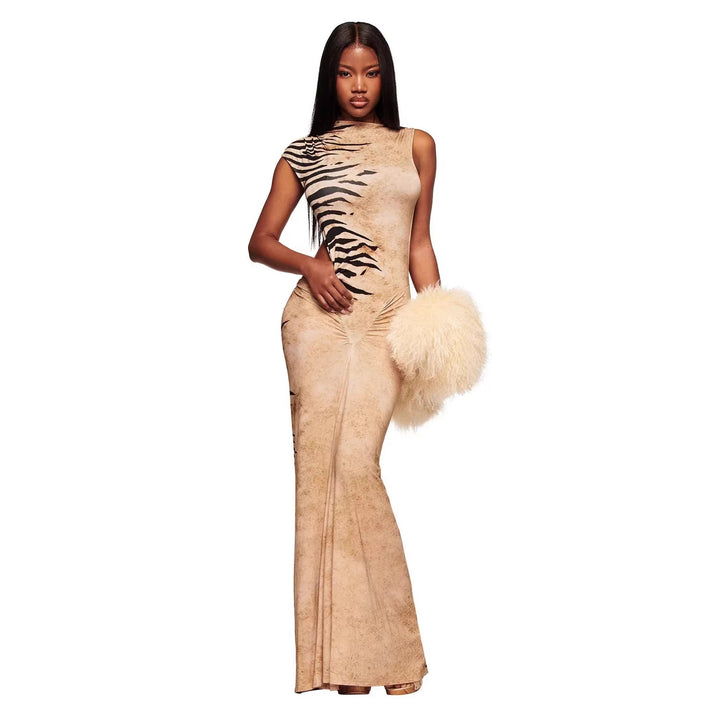 Damen Elegantes Maxikleid mit asymmetrischem Schnitt und Tiermotiv Drune