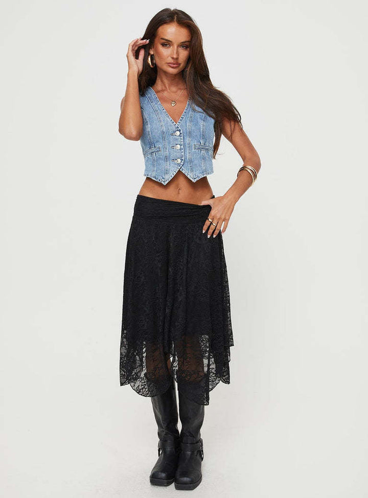 Damen moderne Spitzenmidi-Rock mit asymmetrischem Saum Drune