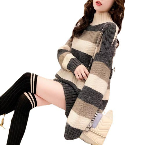 Damen lässiger Grobstrickpullover mit hohem Kragen Drune