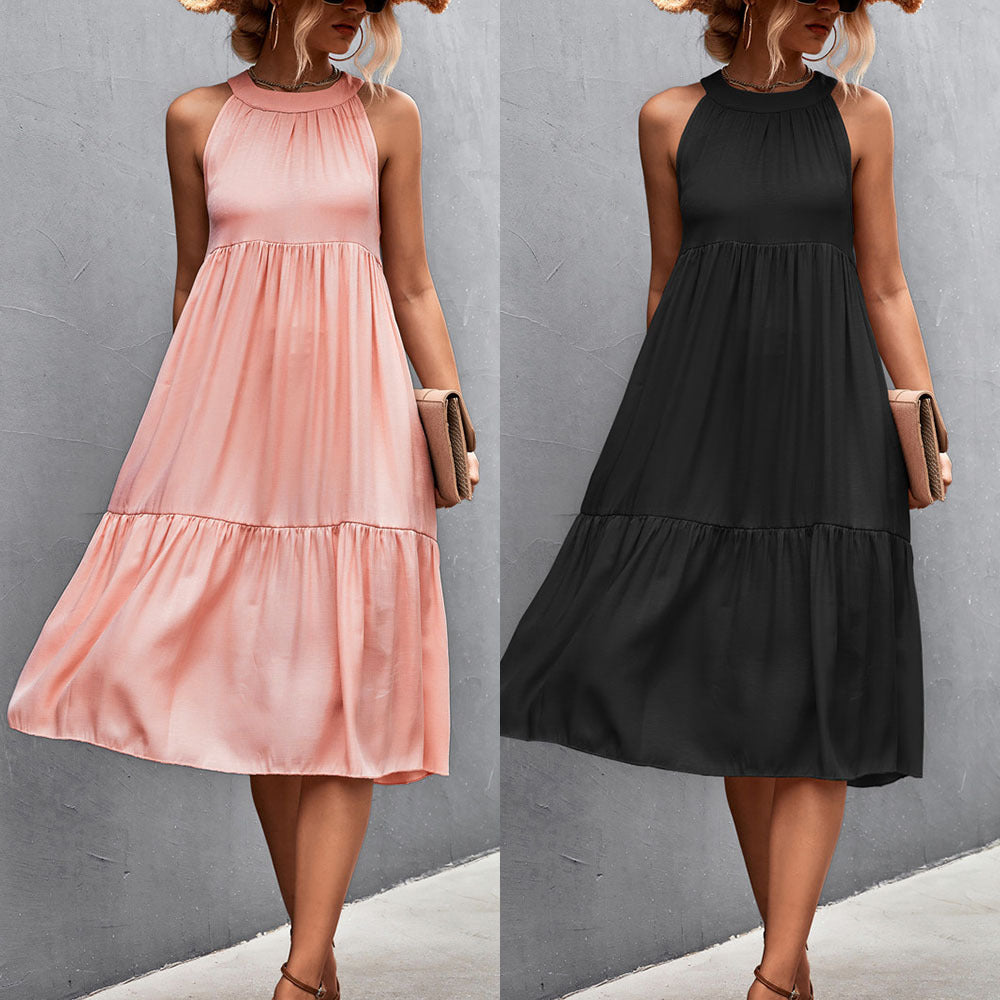 Damen luftiges Sommerkleid mit schwingendem Rock und hohem Hals Drune