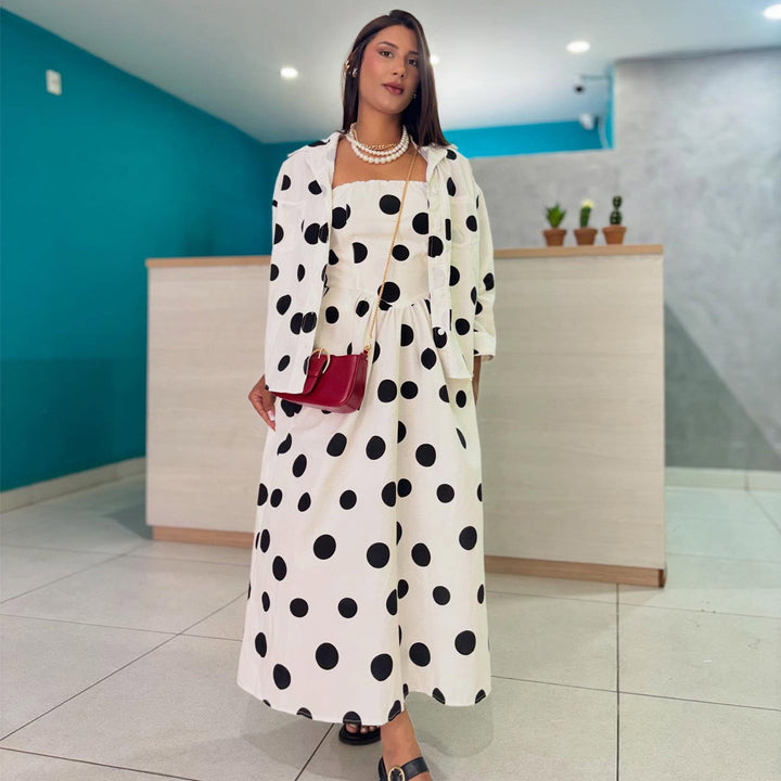 Damen Maxikleid mit stilvollem Punktedesign und lässigem Sakko Drune