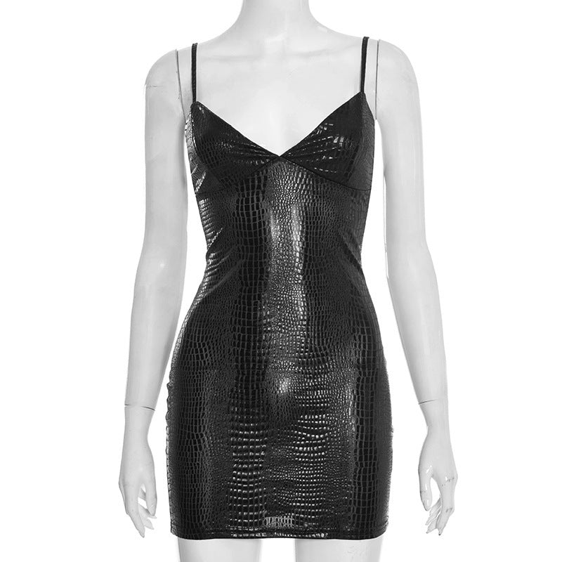 Damen Mini-Kleid mit glänzender Krokodil-Optik und Spaghetti-Trägern Drune