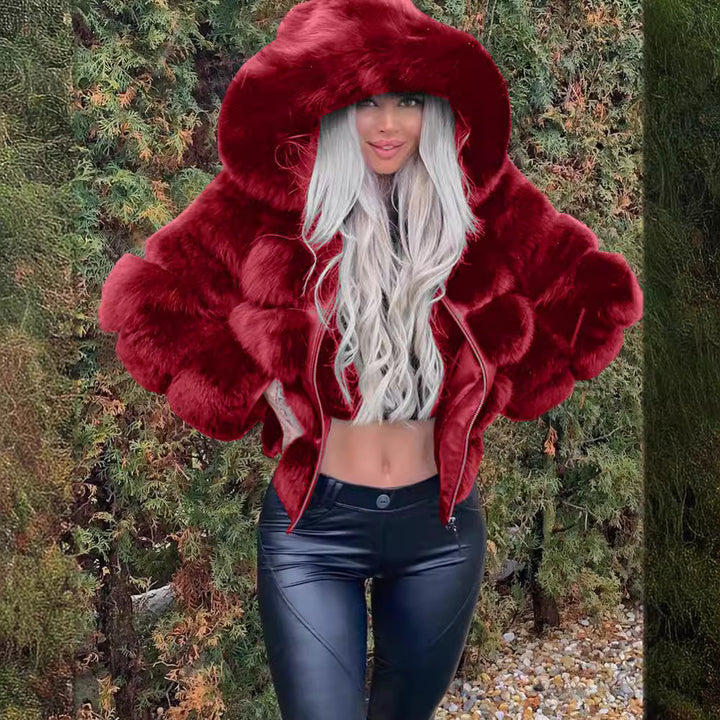 Damen Sportliche Kunstpelzjacke mit Kapuze Drune