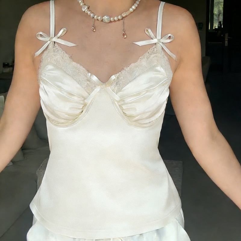 Damen Satin-Camisole mit Spitze und verspielten Schleifen Drune