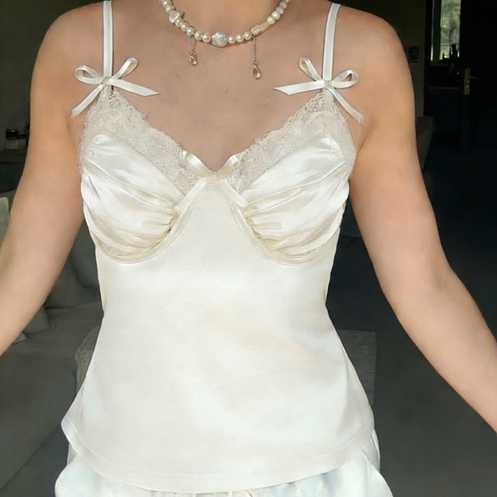 Damen Satin-Camisole mit Spitze und verspielten Schleifen Drune