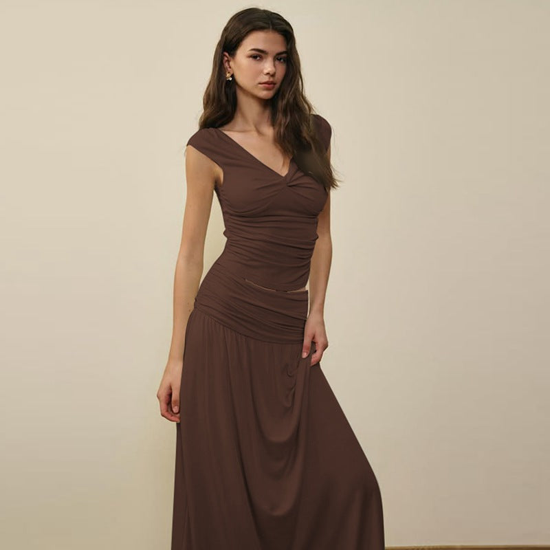 Damen Fließendes Maxikleid mit Raffungen und V-Ausschnitt Drune