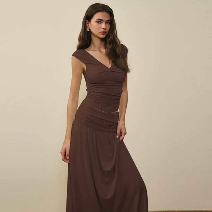 Damen Fließendes Maxikleid mit Raffungen und V-Ausschnitt Drune