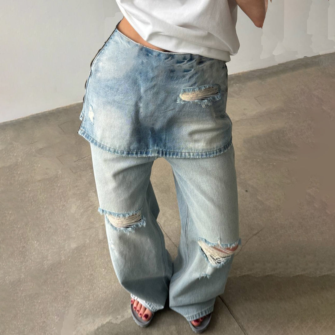 Damen Lässige Destroyed Jeans mit asymmetrischem Schnitt und weit geschnittenem Bein Drune