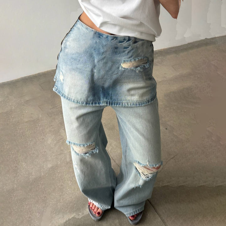 Damen Lässige Destroyed Jeans mit asymmetrischem Schnitt und weit geschnittenem Bein Drune