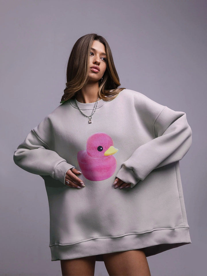 Damen Oversized Sweatshirt mit buntem Entenmotiv Drune